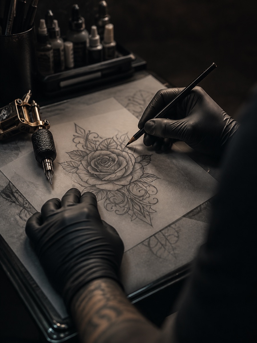 Mãos com luvas desenhando um projeto de tatuagem