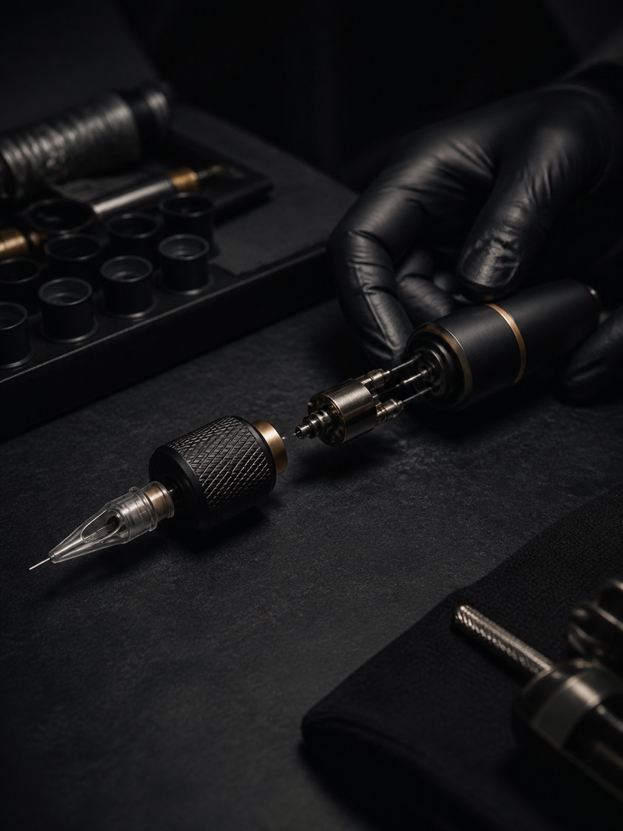 Componentes de uma máquina de tatuagem desmontados