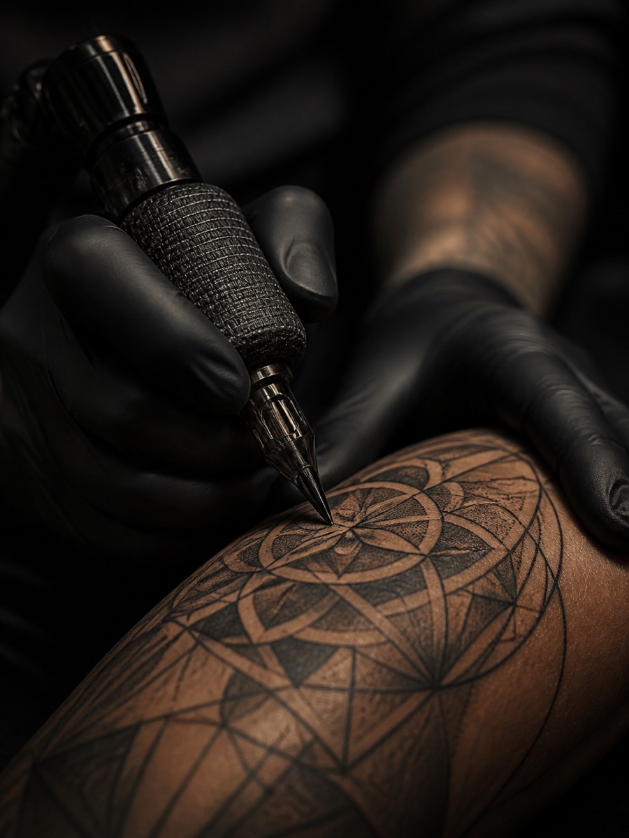 Sessão de tatuagem geométrica em andamento