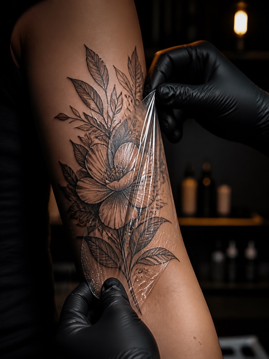 Tatuagem recém-finalizada recebendo filme protetor