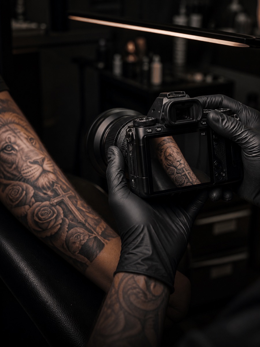 Tatuagem finalizada sendo fotografada com câmera profissional
