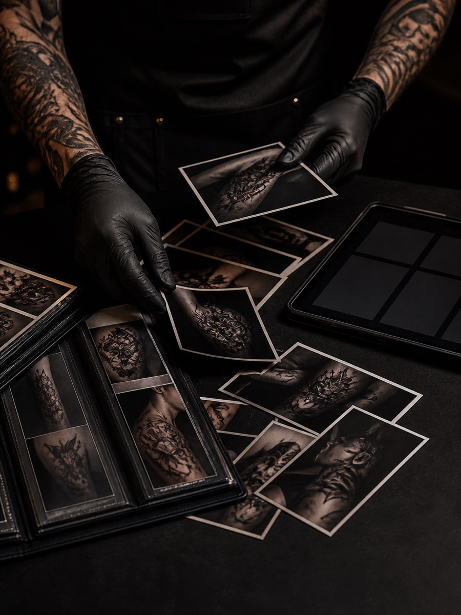 Portfólio impresso de tatuagens organizado sobre a bancada