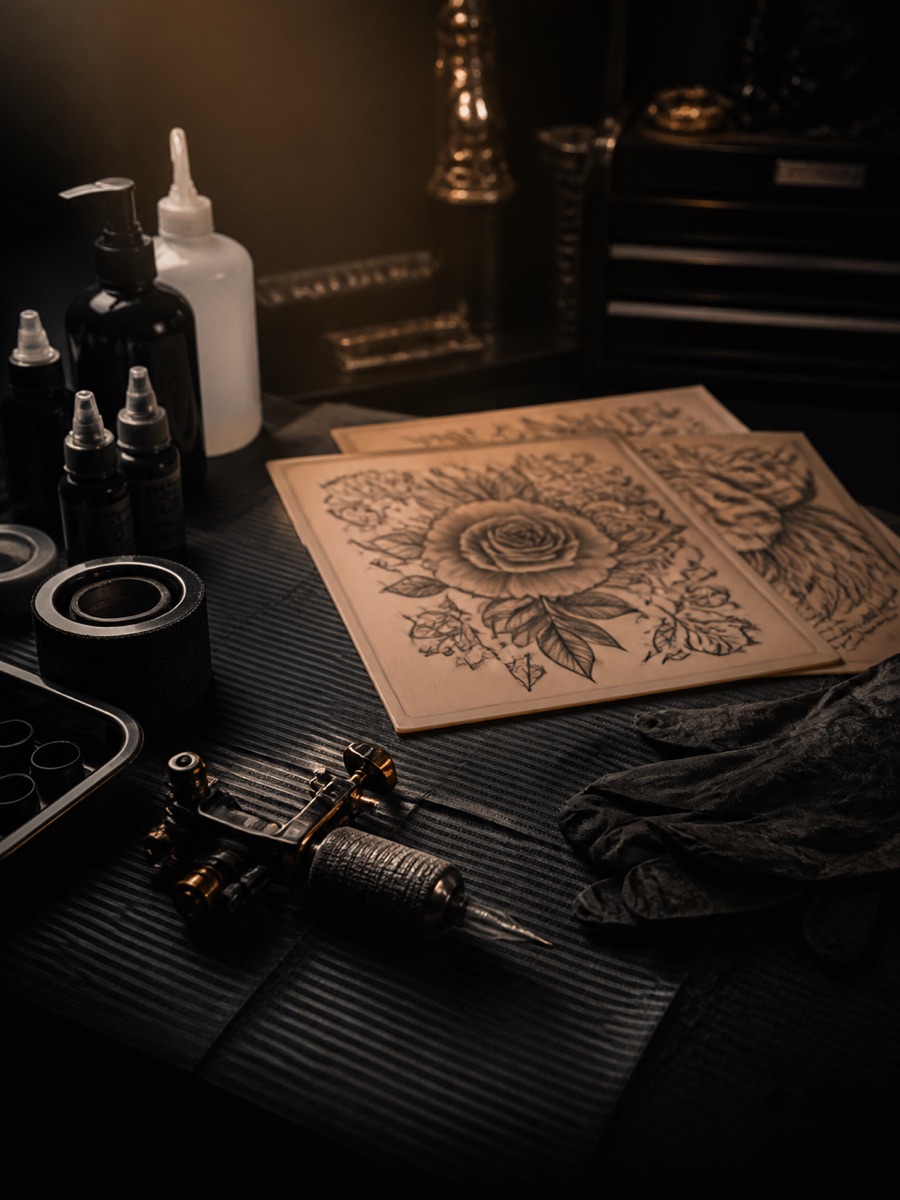 Bancada com desenhos, máquina e materiais de tatuagem